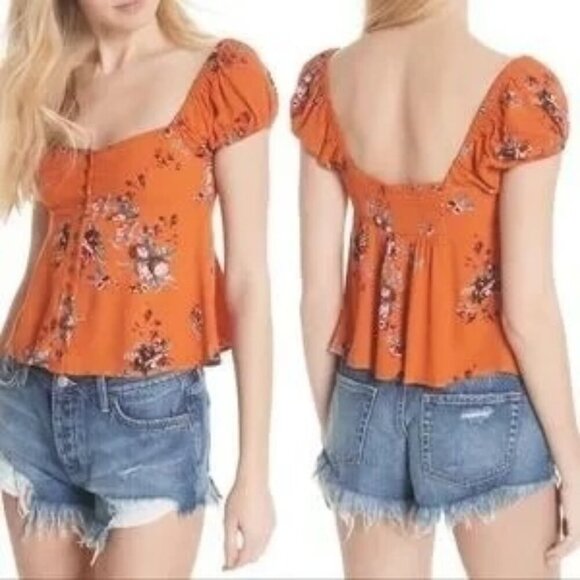 Free People Close To You Orange Floral Puff Sleeve Blouse - Picture 1 of 8